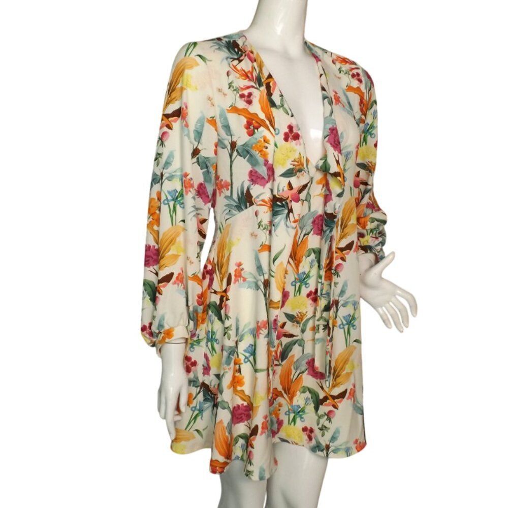 MICHELE NEGRI Mini Dress, M/44, White/Multicolor Floral, Long sleeve,Neck straps - Picture 4 of 13